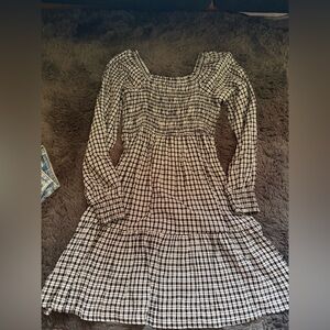 Black & White Plaid Long Sleeve Smocked Midi Dress